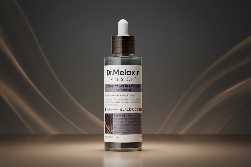 dr.melaxin peel shot black rice ampoule bottle with aha bha niacinamide for glass skin glow