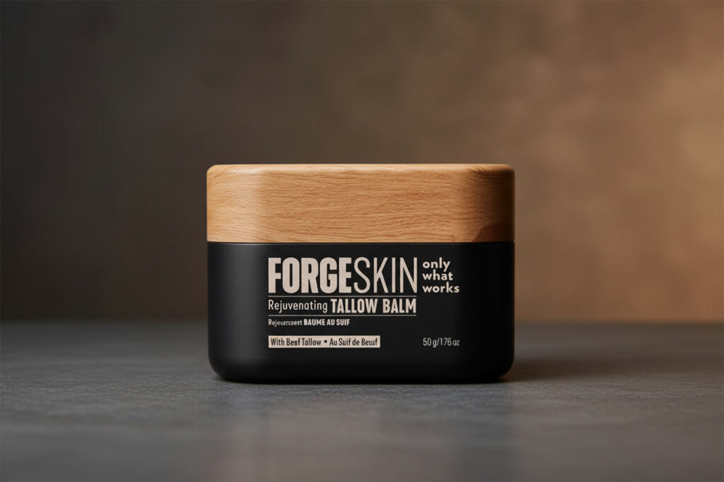 forge skin beef tallow moisturizer for men — face and body balm jar on wooden surface
