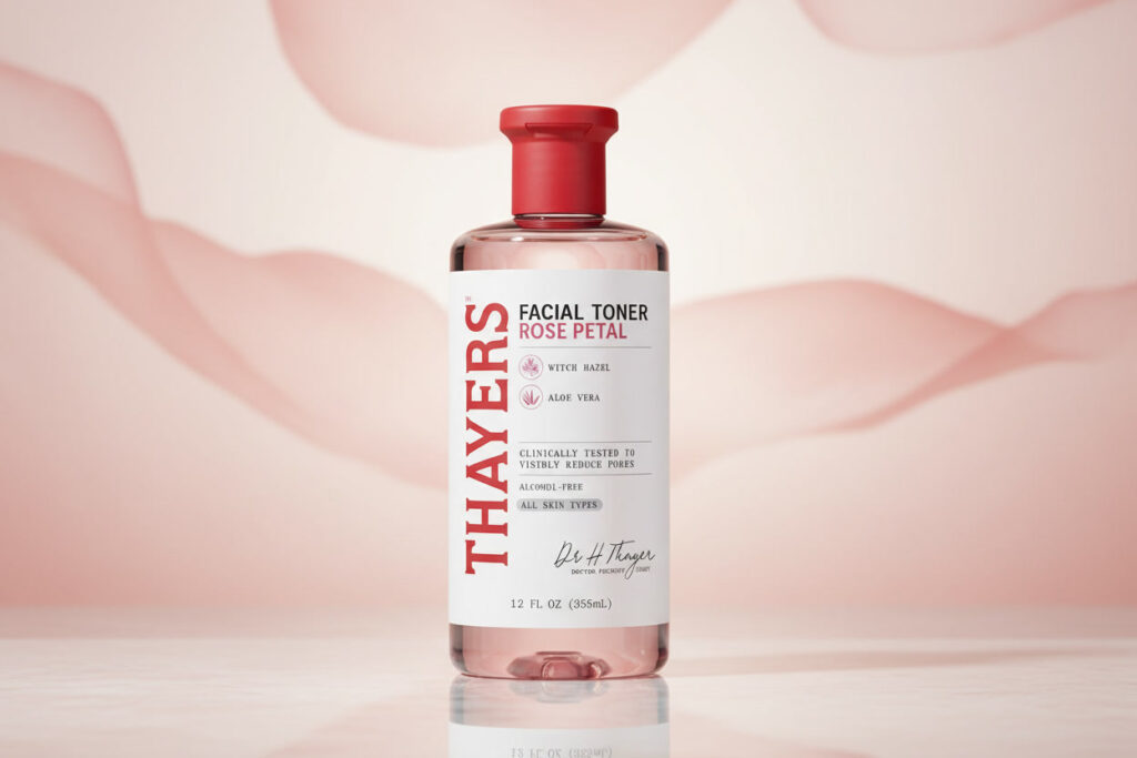 thayers rose petal witch hazel toner bottle on bathroom shelf for daily skincare routine