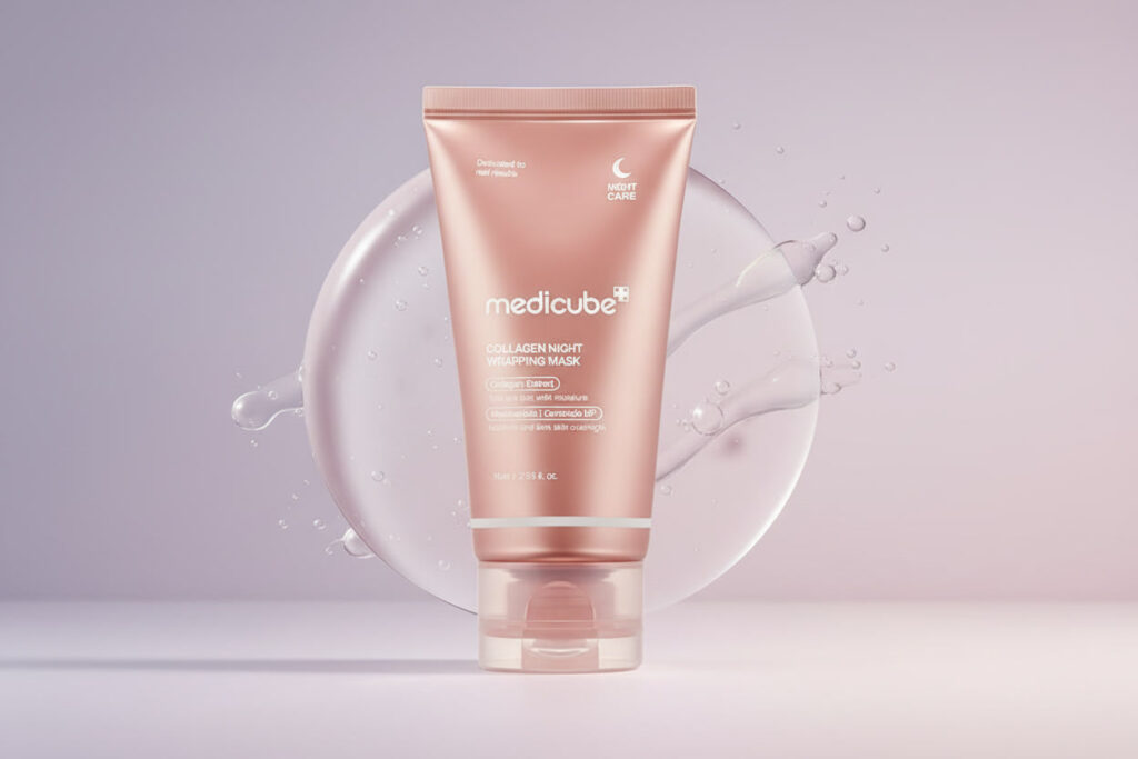 medicube collagen overnight mask peel off tube with glowing skin result — collagen overnight mask review