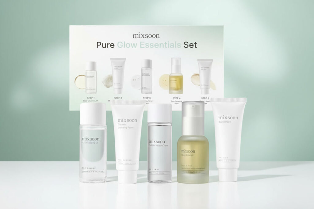 mixsoon pure glow essentials set — 5 step korean skincare kit with bean essence and toner