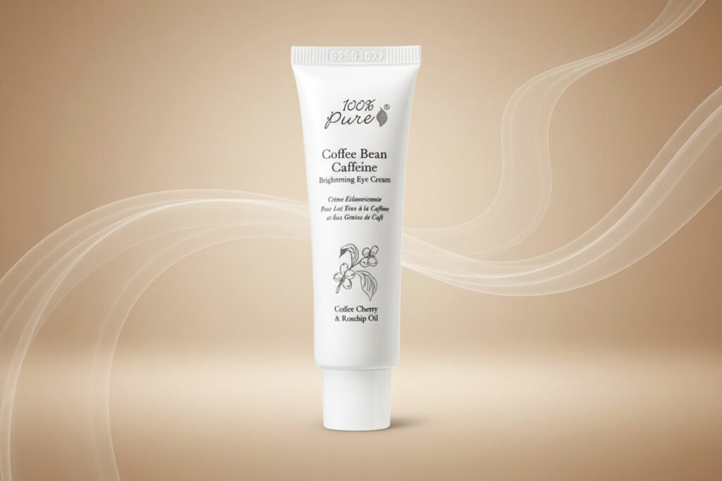 Caffeine Eye Cream for Dark Circles 5 Real Results 100% pure coffee bean caffeine eye cream for dark circles on a clean surface with green tea and rosehip ingredients nearby