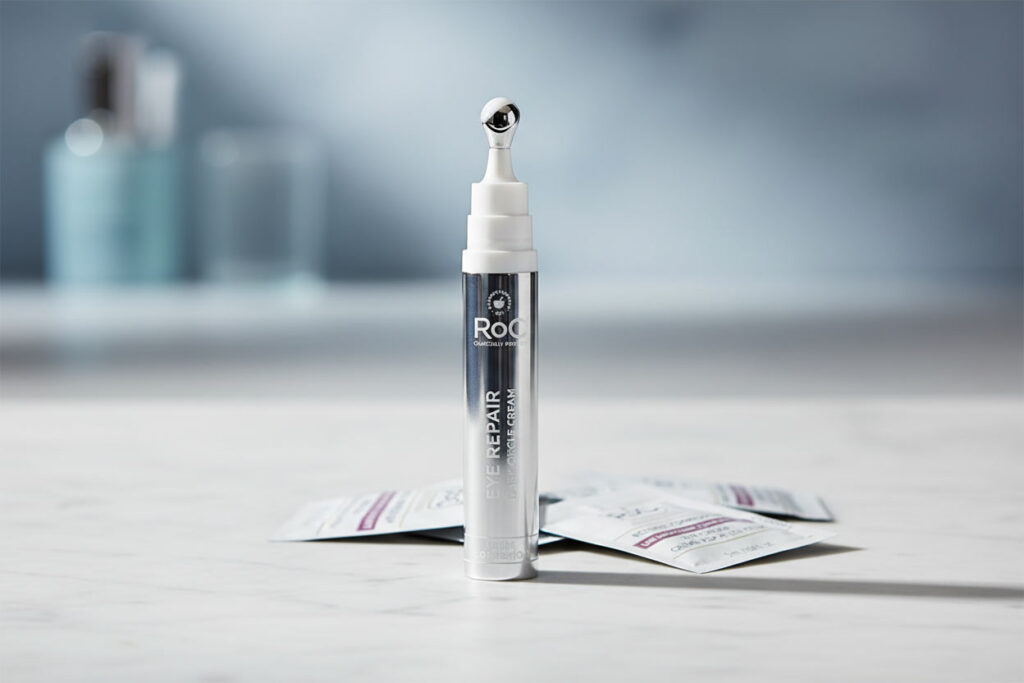 Eye Cream for Dark Circles That Actually Works RoC roc derm correxion eye cream for dark circles with retinol and niacinamide cooling tip applicator
