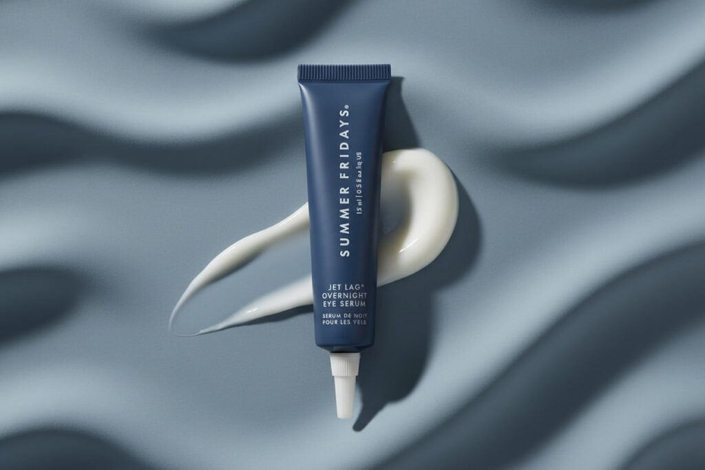 Jet Lag Overnight Eye Serum: 5 Things to Know First summer fridays jet lag overnight eye serum bottle on skincare vanity — nourishing undereye treatment for dark circles and fine lines